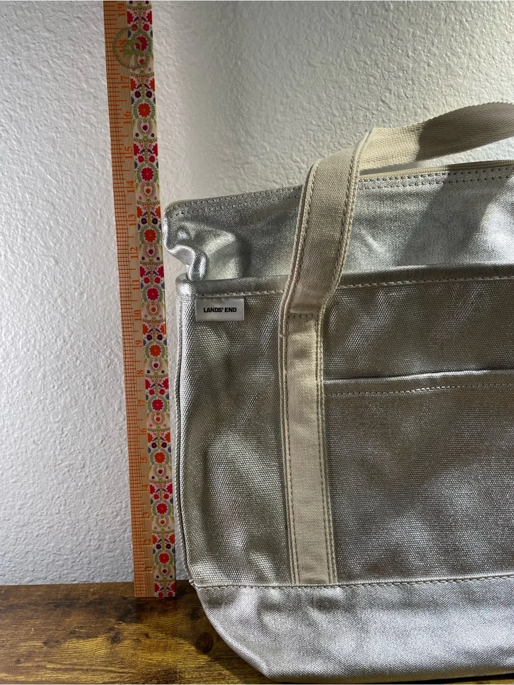 Lands' End Open Top Coated Metallic Canvas Tote - silver classic preppy